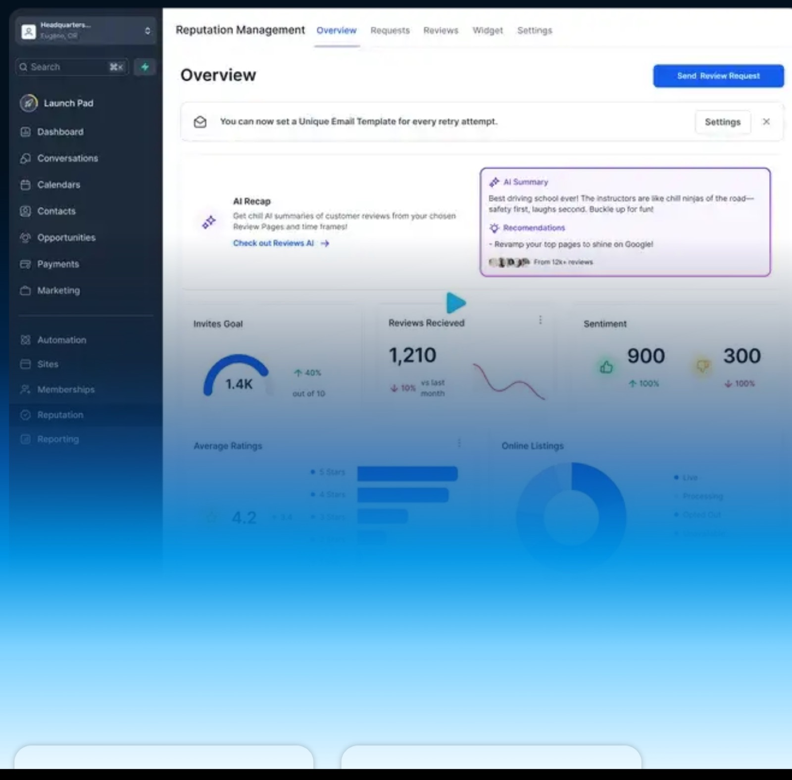 HighLevel dashboard with a client sub-account